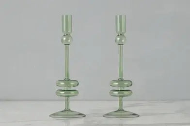 Sage Glass Candlestick Pair | 10in