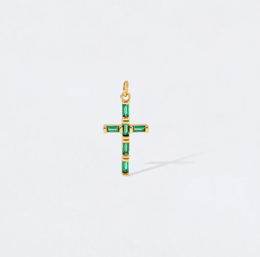Emerald Green Baguette Crystal Cross Charm Pendant