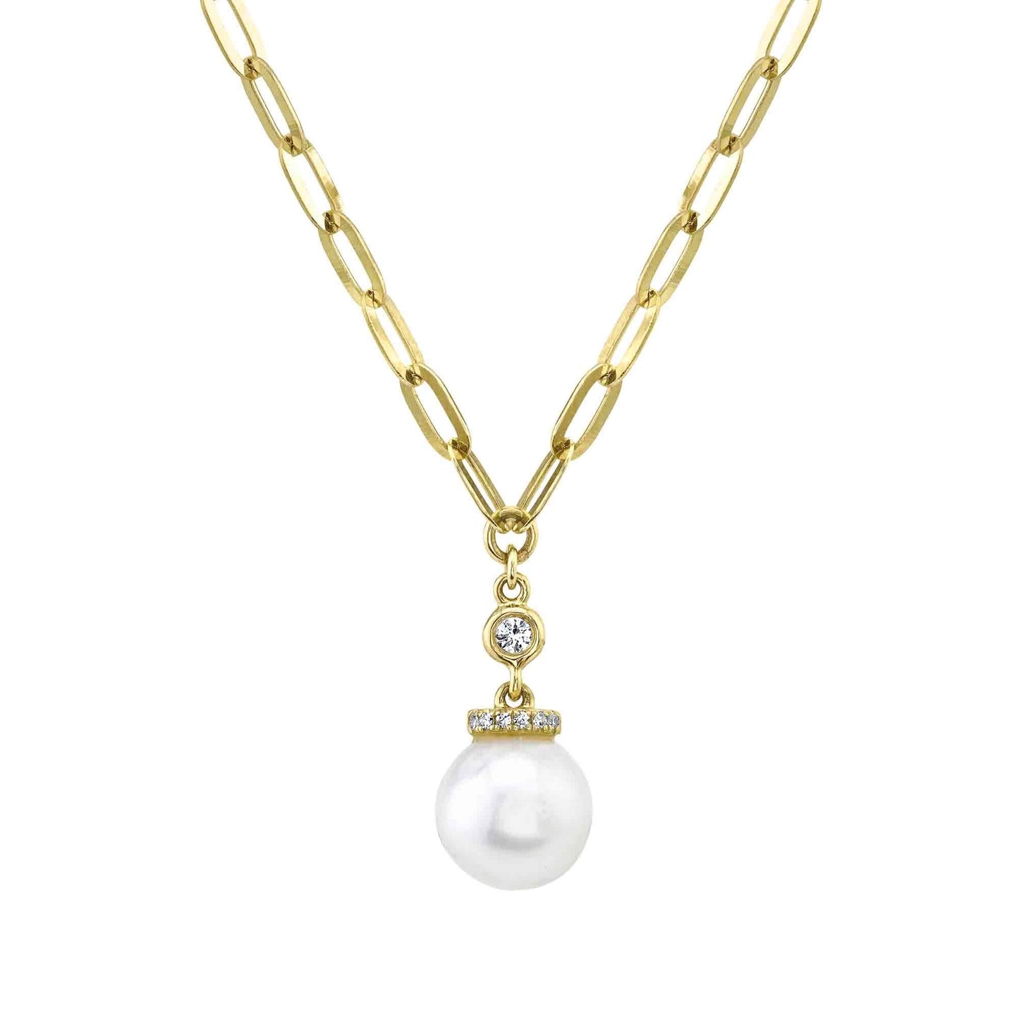 0.05Ct 14K YG Diamond Pearl Paper Clip Link Necklace
