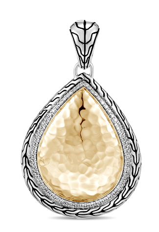 Sterling Silver Hammered 18K Yellow Gold + Diamond 0.55ct Teardrop Pendant