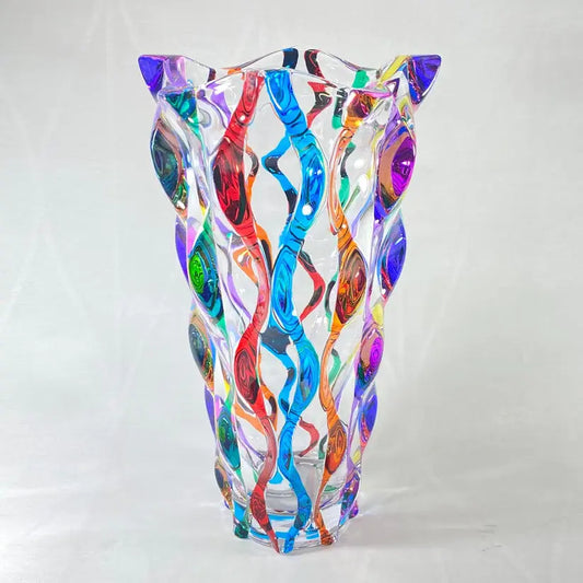 Murano Italian Crystal Vase | Ribbons Rainbow 12in