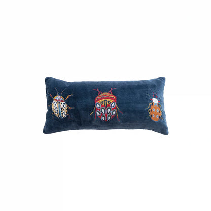 Beetles Navy Velvet Embroidered Lumbar Pillow | 18x8in