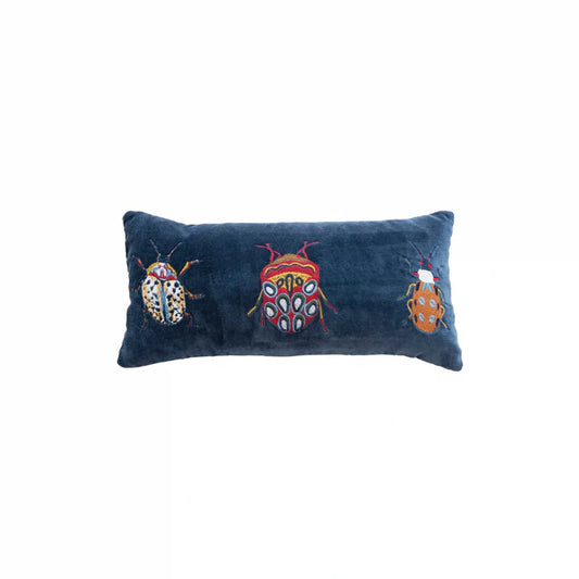 Beetles Navy Velvet Embroidered Lumbar Pillow | 18x8in