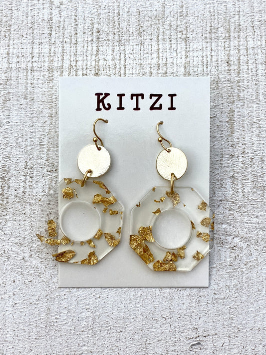 Kitzi Acrylic Clear & Gold Fleck Octagon Earrings