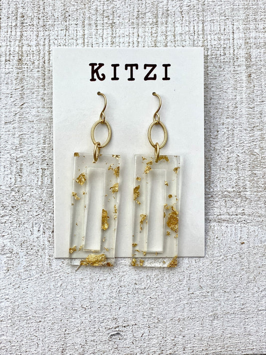 Kitzi Acrylic Clear & Gold Fleck Rectangle Hook Earrings