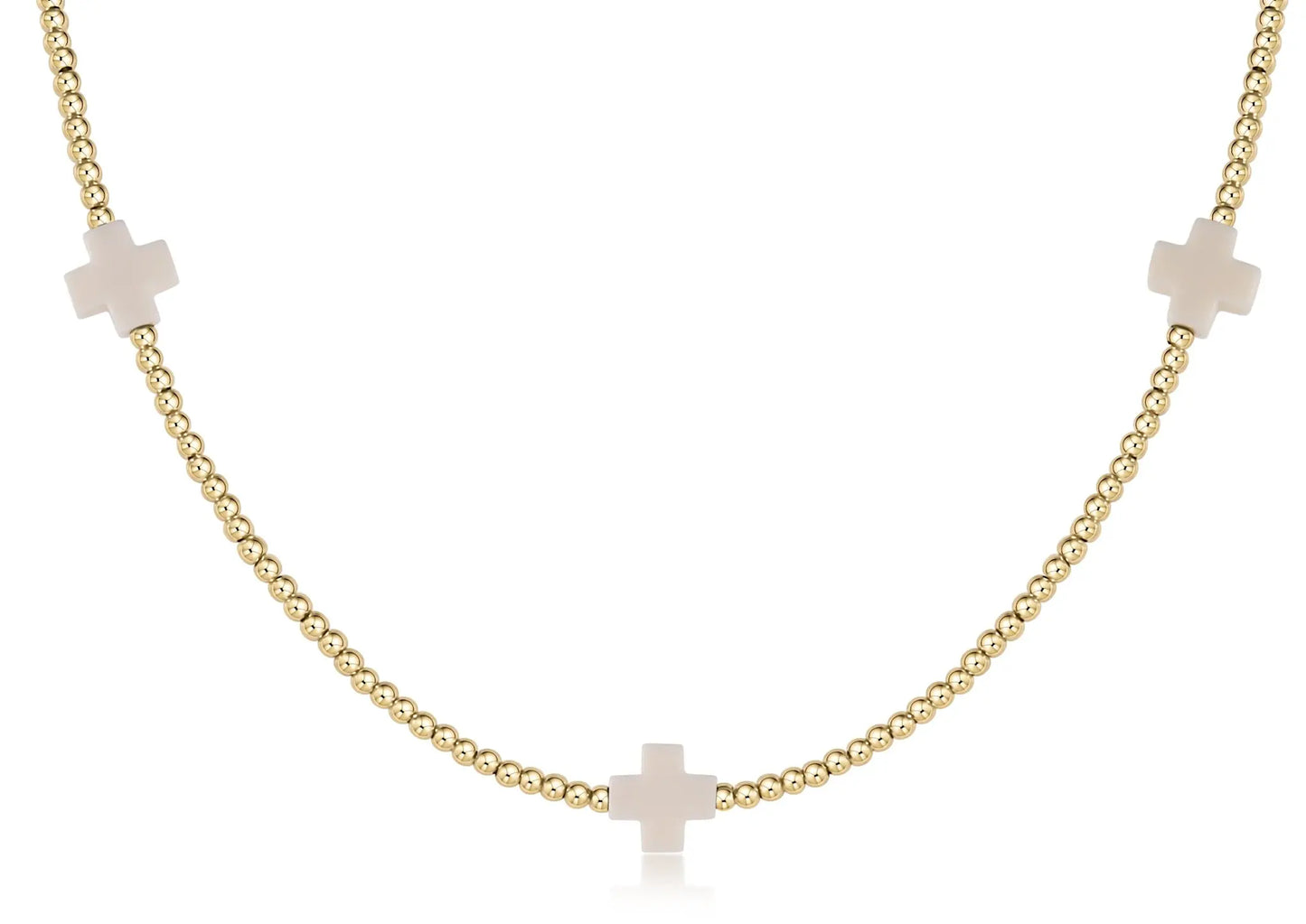eNewton Signature Cross Gold 2mm Bead Choker Necklace | 15in Off-White