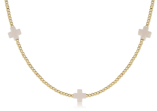 eNewton Signature Cross Gold 2mm Bead Choker Necklace | 15in Off-White