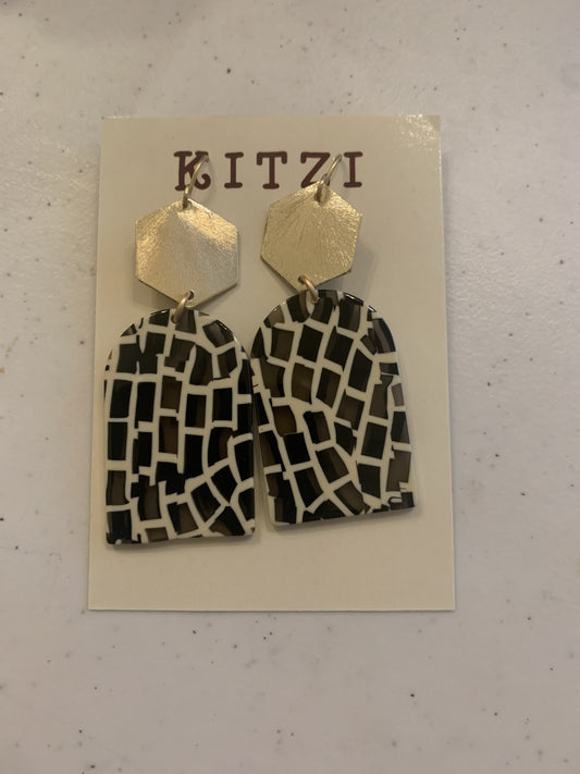 Kitzi Gold Hectagon w/ Black & White Earring