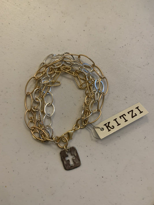 Kitzi Gold and Silver Multi Chain with Silver Cross charm Bracelet