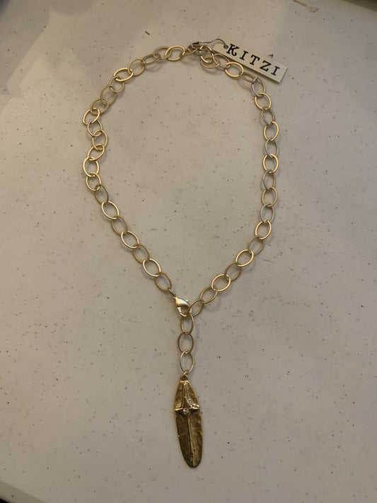 Kitzi Long Gold Cross w/ CZ on Circle Chain Link Necklace