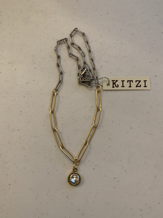 Kitzi Bezel CZ on Gold and Silver Paperclip Chain Necklace