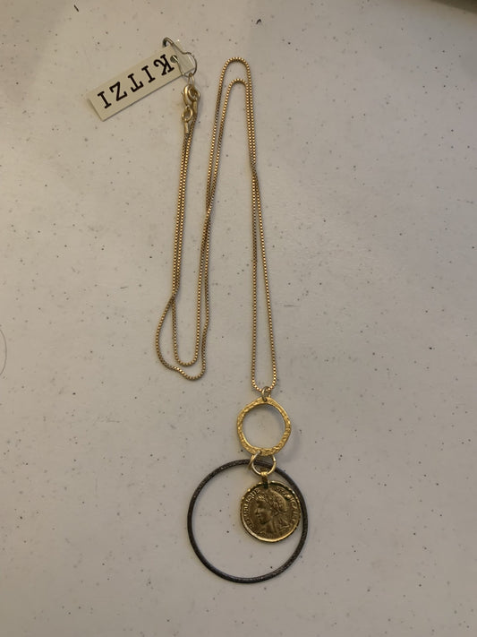 Kitzi Gold Coin in Rhodium Circle on Small Box Chain Necklace