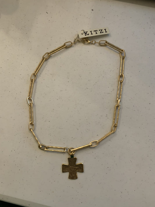 Kitzi Square Gold Cross on Textured Gold Chain Link Necklace