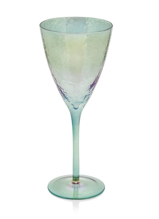 Hammered Stemmed Wine Glass | Green Luster 15oz