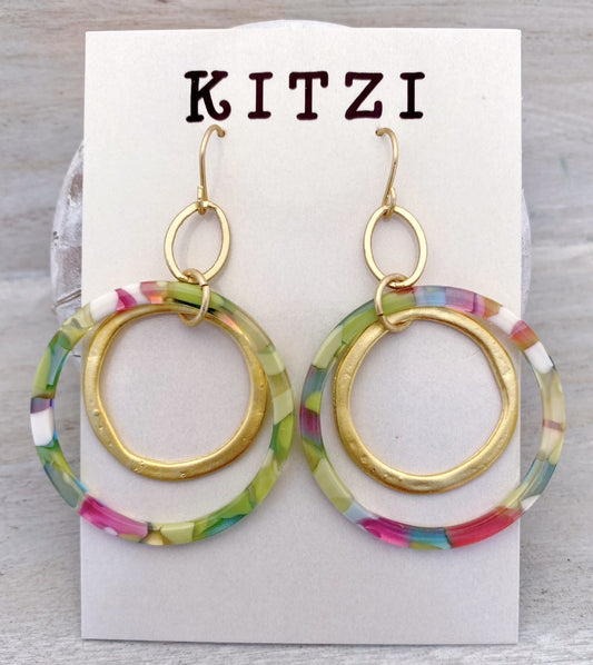 Kitzi Acrylic Pastel Confetti & Gold Double Open Circle Hook Earrings