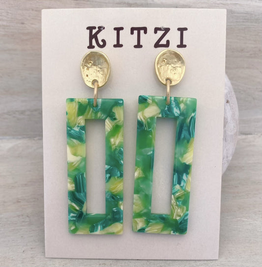 Kitzi Acrylic Rectangle Green Confetti Earrings