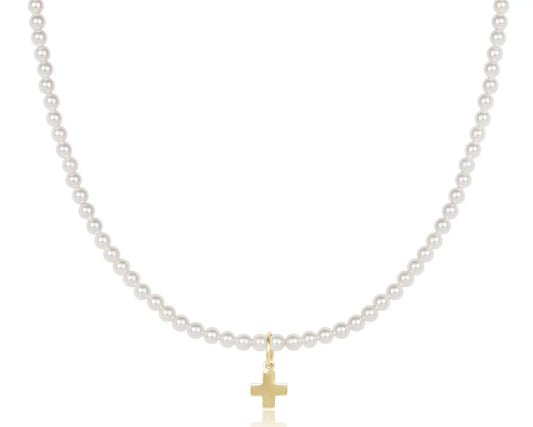eNewton Classic Pearl 3mm Bead Signature Cross Gold Charm Choker Necklace| 15in