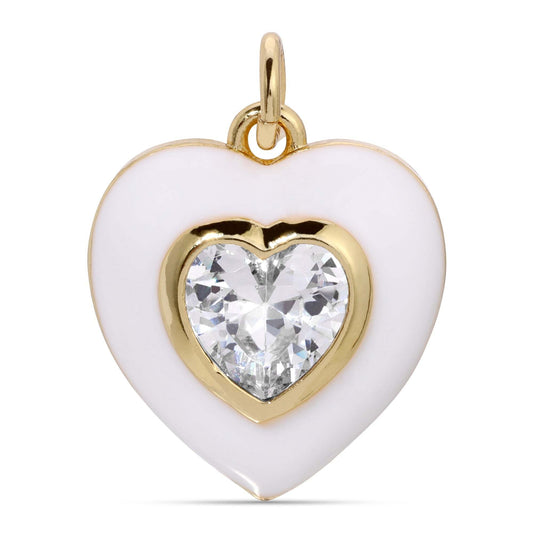 White Enamel Crystal Double Heart Charm Pendant