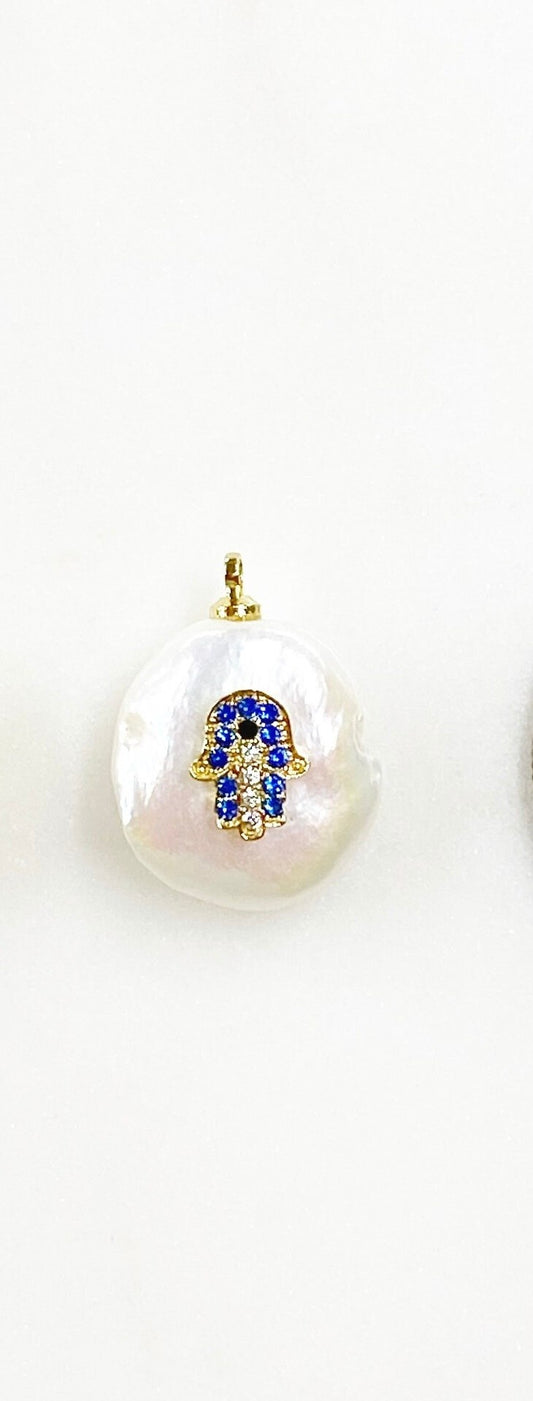Blue Crystal Hamsa Hand Pearl Charm Pendant