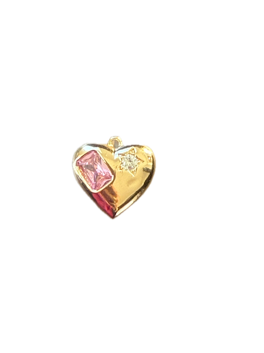 Clear Star + Pink Emerald Crystal Puff Heart Charm Pendant