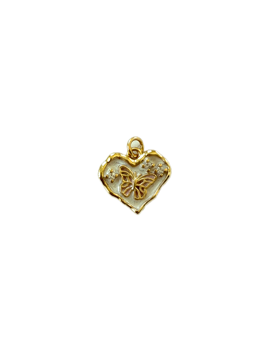 Cream White Enamel Butterfly Heart Charm Pendant