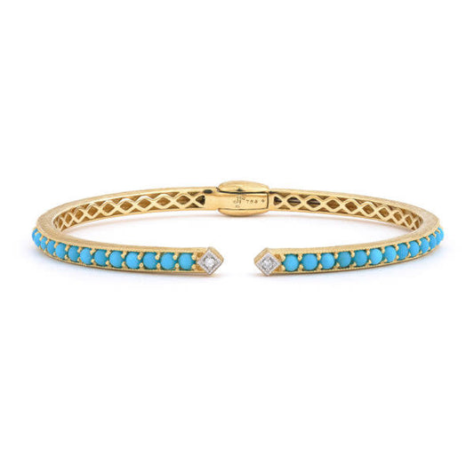 Lisse Round Turqouse Open Stretchy Bangle With Simple Diamond Accents