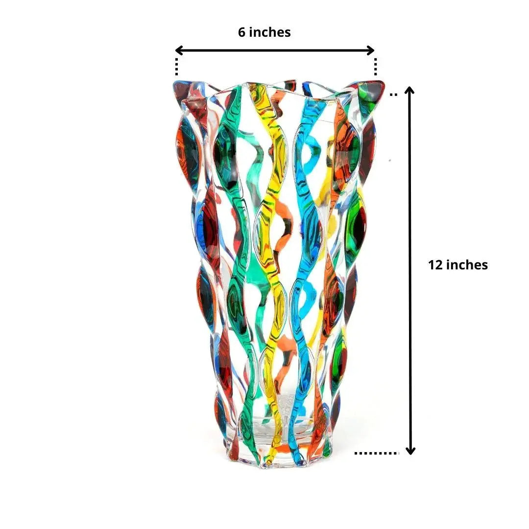 Murano Italian Crystal Vase | Ribbons Rainbow 12in