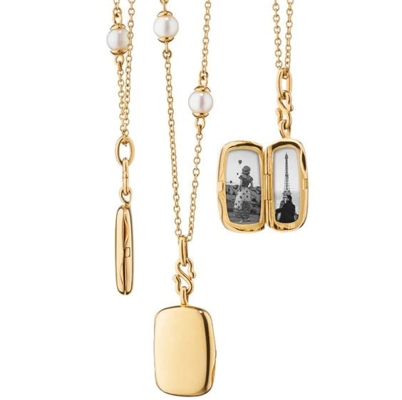Rectangle Slim Britt Locket + Freshwater Pearl Station Chain Necklace | 16+1in 18k YG