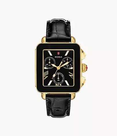 Michele Deco Sport Chronograph Black Dial Noir Leather Watch | 18kgp 36mm