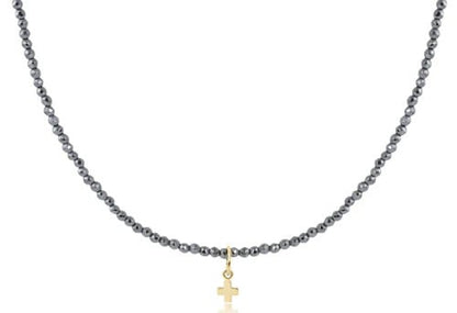 Choker Gemstone 2mm Faceted Hematite Signature Cross Small Gold Charm 15 in