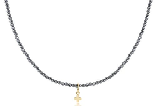 Choker Gemstone 2mm Faceted Hematite Signature Cross Small Gold Charm 15 in