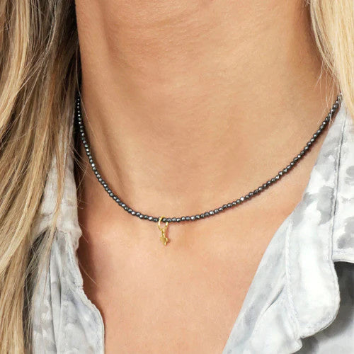 Choker Gemstone 2mm Faceted Hematite Signature Cross Small Gold Charm 15 in
