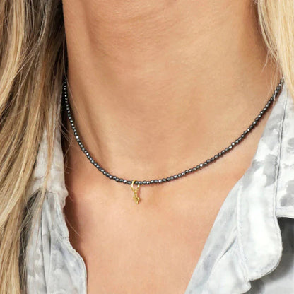 Choker Gemstone 2mm Faceted Hematite Signature Cross Small Gold Charm 15 in