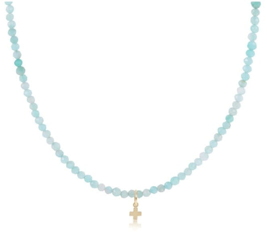 Gemstone 3mm Signature Cross Small Gold 15" Choker Necklace - Amazonite