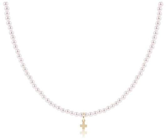 Choker Gemstone 3mm Pearl Signature Cross Small Gold Charm 15 in
