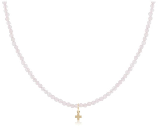 Gemstone 3mm Signature Cross Small Gold 15" Choker Necklace - Rose Quartz