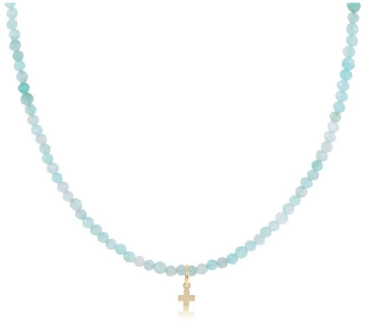 Gemstone 3mm Signature Cross Small Gold 15" Choker Necklace - Aquamarine