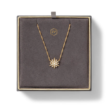 Celeste Starburst Solitaire Gold Necklace | Cubic Zirconia 16.5in+