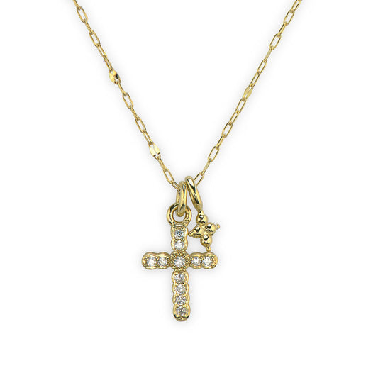 Petite Pave Diamond Cross Pendant With Hanging Quad Necklace