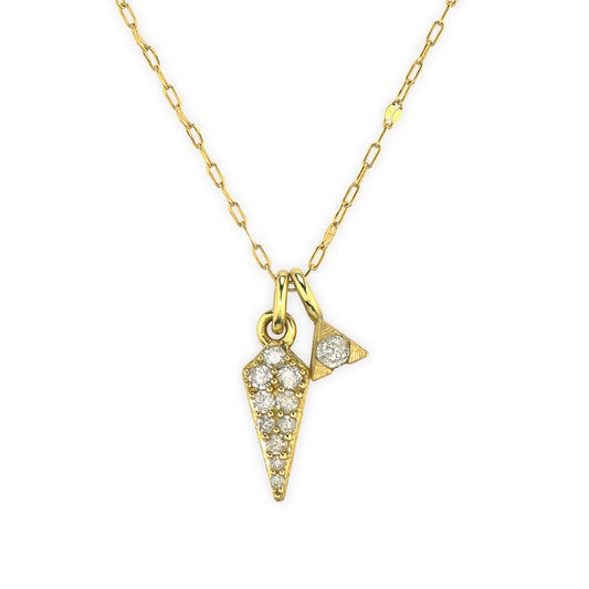 Petite Pave Diamond Dagger Pendant With Hanging Trillion Necklace Yellow Gold