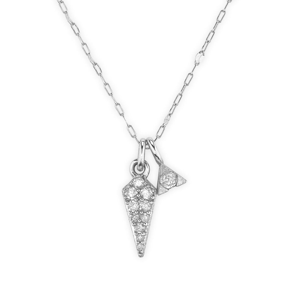 Petite Pave Diamond Dagger Pendant With Hanging Diamond Trillion White Gold