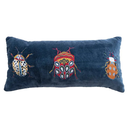 Beetles Navy Velvet Embroidered Lumbar Pillow | 18x8in