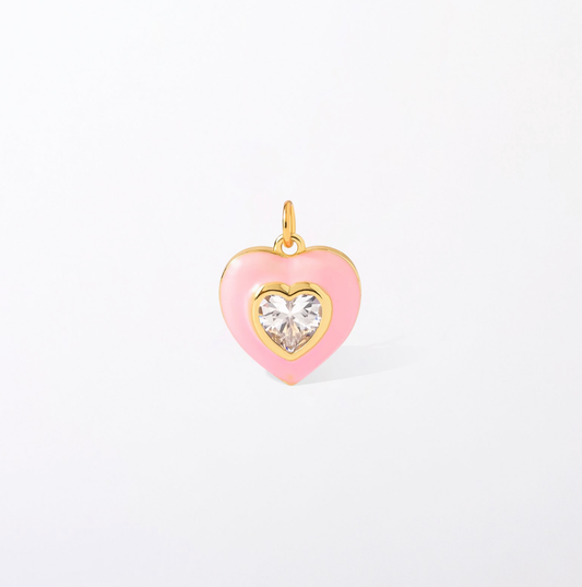 Pink Enamel + Crystal Puffy Heart Charm Pendant