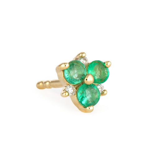 SINGLE | Emerald + Diamond Flower Stud Earring | .22c + .03c 14k
