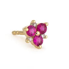 SINGLE | Ruby + Diamond Flower Stud Earring | .22c + .03c 14k