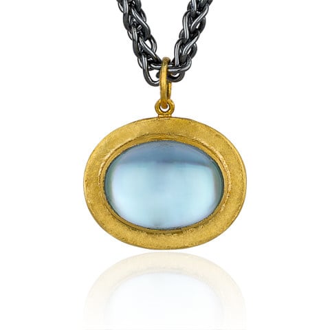 Gold & Oxidized Silver Oval Cabochon Blue Topaz Doublet Necklace