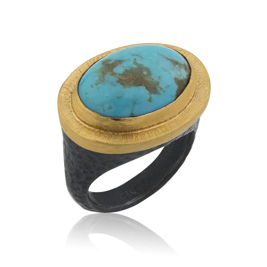 Gold & Oxidized Silver Oval Kingman Turquoise Ring