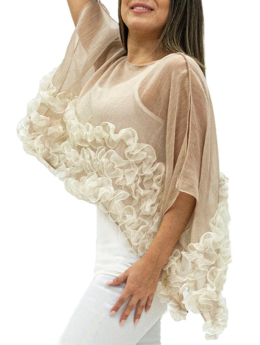 Silk Ruffle Short Poncho | Beige + Cream