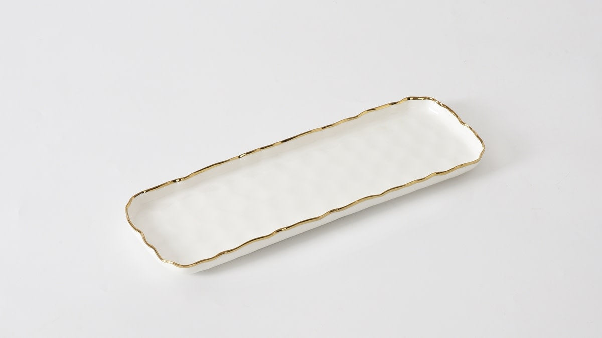 Porcelain + Gold Titanium Small Rectangular Tray | 14x5x1in