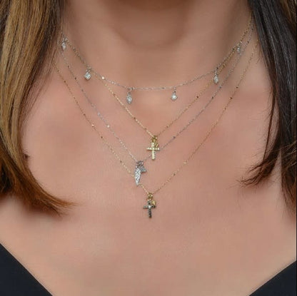 Petite Pave Diamond Dagger Pendant With Hanging Trillion Necklace Yellow Gold